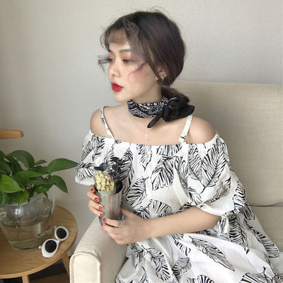 夏装女装韩版中长款度假风树叶印花宽松气质露肩吊带短袖连衣裙潮