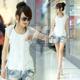  七十二变[SY039]甜美清新夏装新款女装蕾丝拼接无袖修身T恤