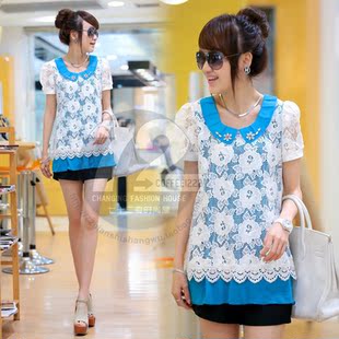  七十二变[SE23265]韩版夏装新款女装蕾丝拼接娃娃领短袖T恤