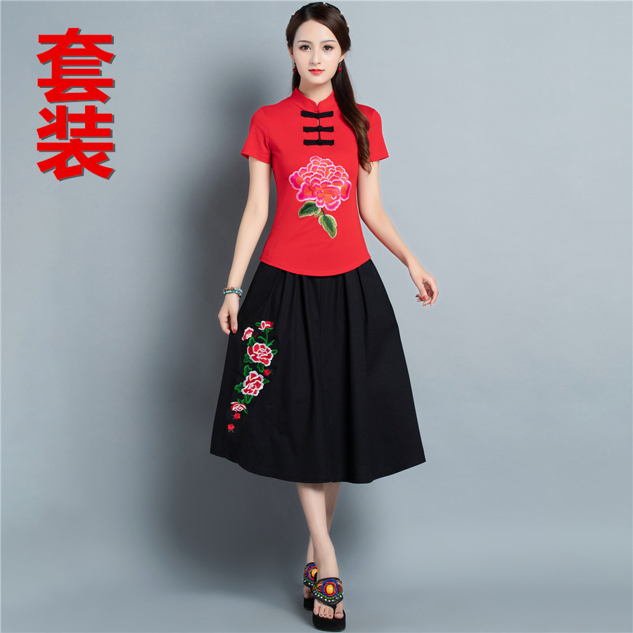 夏季新款民族风女装绣花上衣短袖大码T恤套装 中国风棉麻两件套女在类目 女装/女士精品, 唐装/民族服装/舞台服装, 民族服装/舞台装中 - 来自Buy2taobao.com提供专业的淘宝代购服务