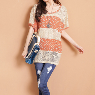  又见小夕^春款女装新款 韩版蕾丝拼接碎花蝙蝠短袖T恤 女t