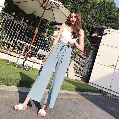 雪纺阔腿裤女夏薄款七分温柔风高腰复古垂感宽松冰丝九分休闲裤子