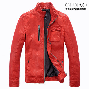  古迪奥 春秋男士新款高档 大红机车款修身单皮真皮皮衣夹克