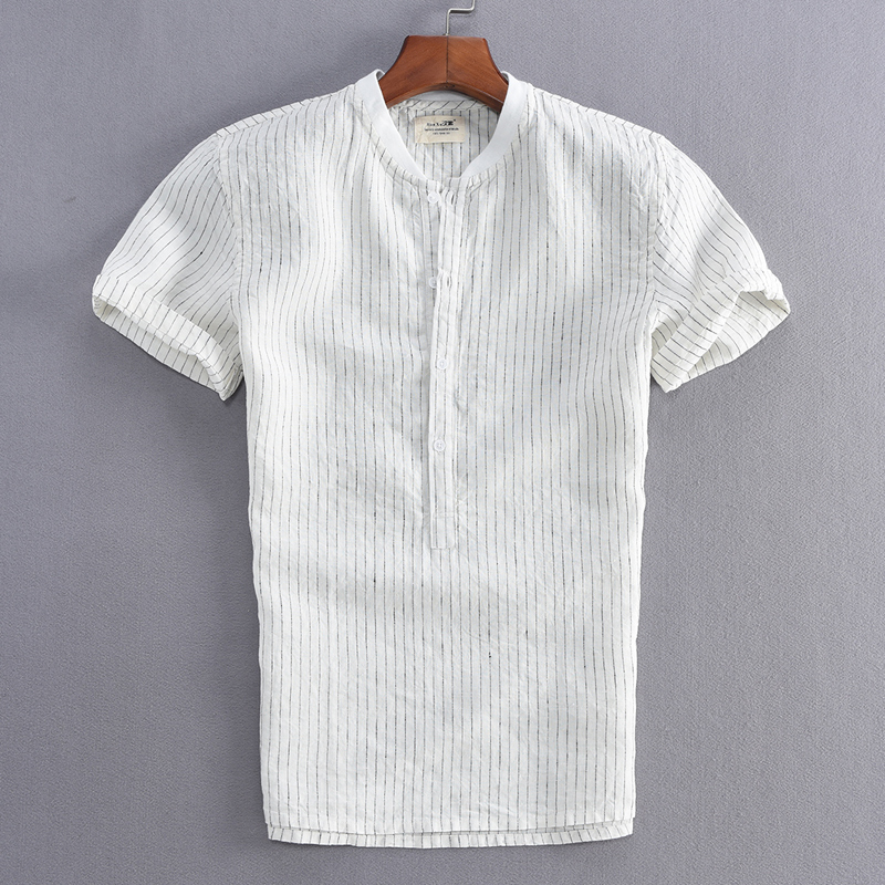 Dyed Stripes Baseball Collar Flax Short sleeved shirt man summer Self cultivation Cotton material solar system leisure time shirtin the Men's clothing, Shirt category - from Buy2taobao.com to provide professional Taobao agent buy service