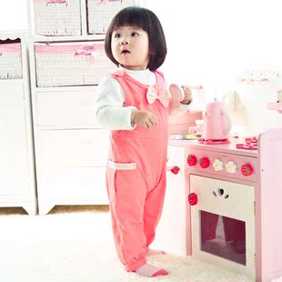  恩恩熊儿童背带裤秋冬款女宝宝卫衣花边背带裤女婴儿纯棉背带裤