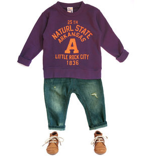  日本原单外贸 儿童装女男童中性 棉质 复古做旧印字 紫色卫衣套衫
