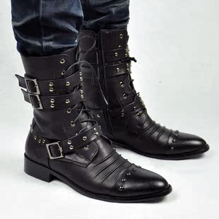 新款男靴子时尚靴韩版潮流英伦长靴马丁男士军靴铆钉高筒尖头靴男