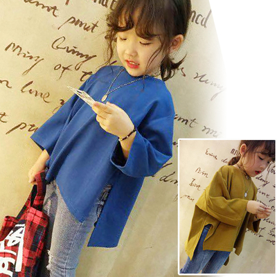 2019春季新品女童时尚后背印花上衣 儿童宽松不规则蝙蝠袖T恤5012