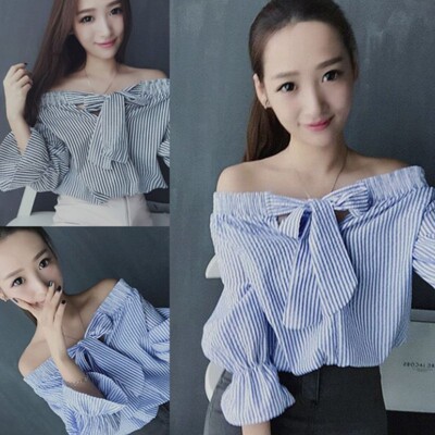 春装新款韩版时尚小清新一字领长袖短款上衣条纹蝴蝶结露肩衬衫女