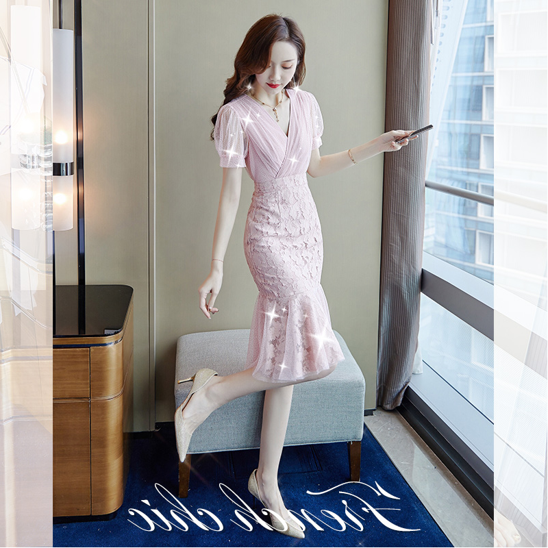 French Dress 2019 summer new pattern Self cultivation Show thin Chiffon Lace Hollow Long Fishtail skirtin the Women's clothing/Boutique , Dress category - from Buy2taobao.com to provide professional Taobao agent buy service