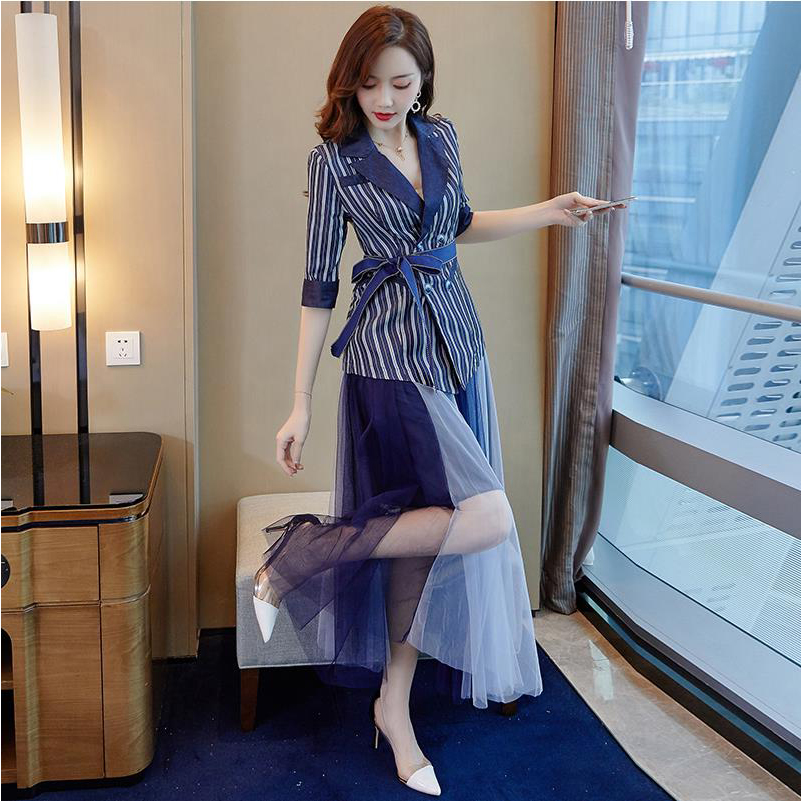 fashion Small suit Suit skirt 2019 Spring and summer new pattern Western style stripe Self cultivation coat Gauze skirt Two piece setin the Women's clothing/Boutique , Set/Student uniforms/Work uniforms , Fashion Set category - from Buy2taobao.com to provide professional Taobao agent buy service