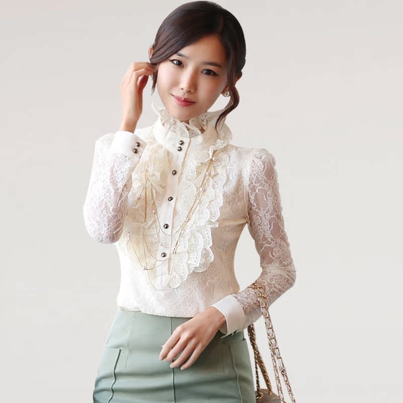 韩版蕾丝雪纺衫镂空...