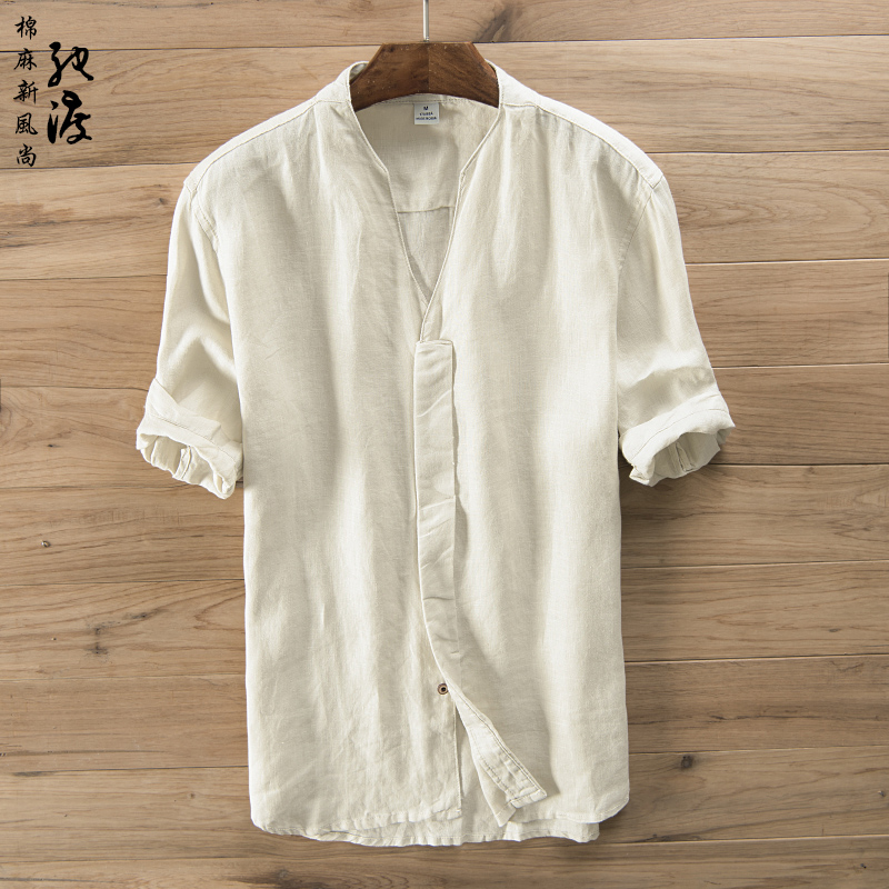 亚麻衬衫男立领宽松薄款短袖棉麻衬衣夏季纯色大码中袖上衣中国风|ruв категории Мужская одежда, рубашка - от Buy2taobao.com для оказания профессиональной услуги покупки агента Taobao