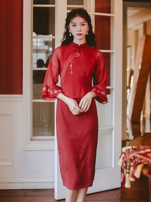 唐装女秋款2019复古改良中国风少女红色旗袍气质优雅两件套连衣裙