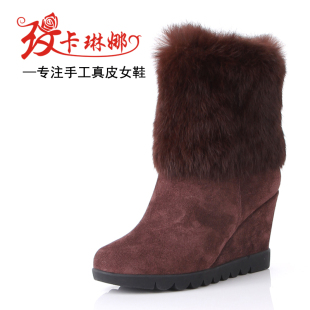  冬季款真皮兔毛短靴牛皮磨砂皮坡跟女靴侧拉链厚底雪地靴女鞋