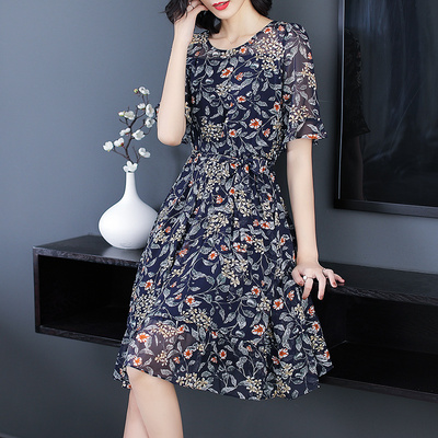 美欧哥弟菲真丝连衣裙女2018新款大牌桑蚕丝气质中长款碎花裙子夏