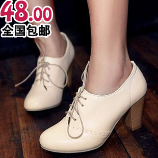  春季新款韩版粗跟鞋高跟鞋系带鞋复古英伦雕花皮鞋单鞋女鞋子