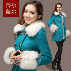 2013春装新款呢子大衣 中长款春款大衣毛领 羊毛呢外套女装DW665