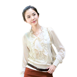  品牌春装新品女装 套头衬衫 女 长袖 韩版荷叶边蕾丝女衬衣