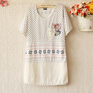  E1106-夏新款女装韩版宽松几何波点蕾丝拼接圆领短袖T恤 0509