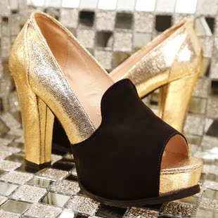  春季新款 英伦风高跟鞋 拼接鱼嘴女鞋粗跟防水台闪亮撞色单鞋