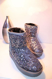  短靴欧美秋冬新款雪地靴女厚底短靴单靴亮片女鞋女靴子爆款