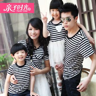  亲子时光 亲子装夏装全家装款 一家三口条纹t恤母女装连衣裙