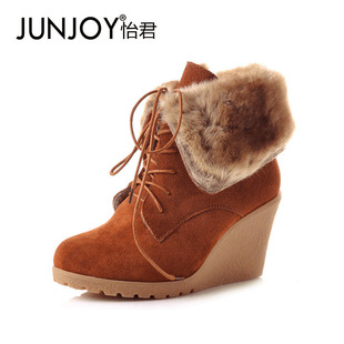  怡君冬季女鞋女靴磨砂皮真皮厚底坡跟高跟 雪地靴时尚短靴子D05-1