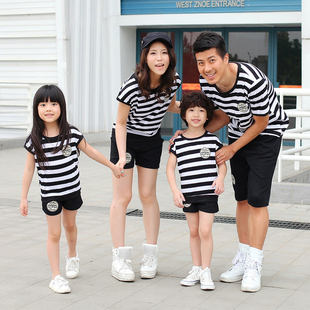  亲子装夏装套装全家装夏日母女套装亲子装徽章条纹亲