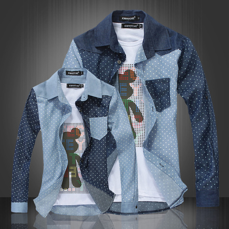 LOL 新款 韩版潮流情侣拼色圆点牛仔长袖衬衫