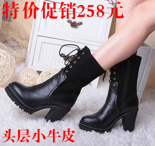  欧洲站冬款亚历山大王女靴中筒靴细带粗跟高跟真皮马丁靴女