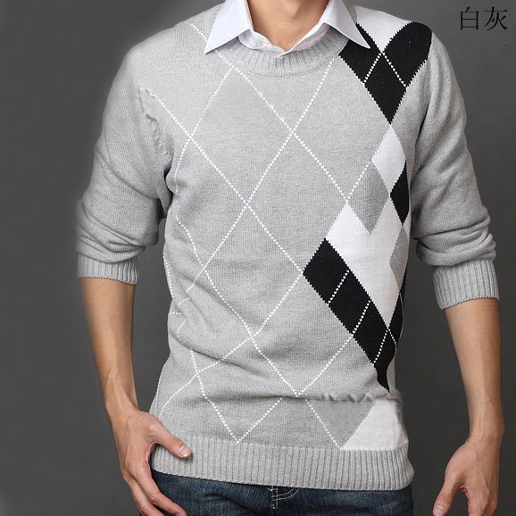 USZSLEKY秋冬菱格加厚<em>圆领毛衣男</em> 韩版修身