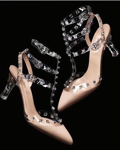  Valentino*华伦款水晶透明铆钉鞋尖头高跟女凉鞋 高端定制