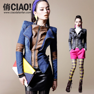  CIAO俏 欧美品质女装拉链拼皮做旧长袖牛仔短外套 夹克女牛仔上衣
