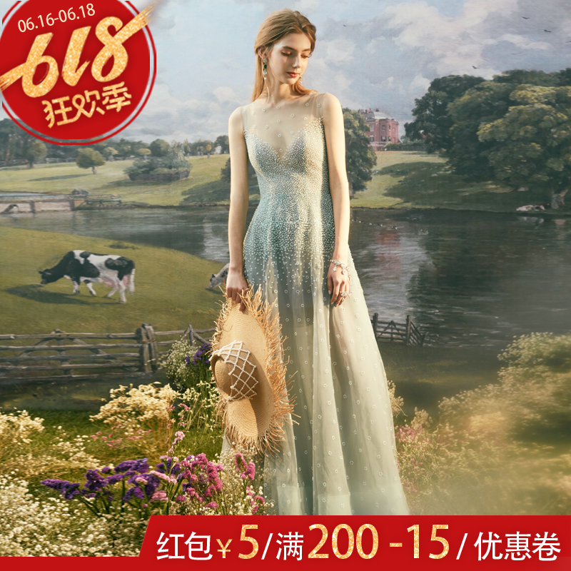 Julia Julie 2019 New spring and summer Elegant Dream Lakeshore Circle Nail bead Sleeveless Dress skirtin the Women's clothing/Boutique , Wedding/Cheongsam/Formal dress , Formal dress/Evening category - from Buy2taobao.com to provide professional Taobao agent buy service