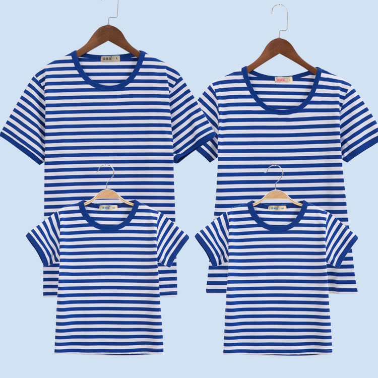 Sea-striped shirt With children Short sleeved T-shirt summer Blue and white stripes A Four Full decoration pure cotton navyin the Children/Baby/Family fitted , Family fitted/Parenting Fashion category - from Buy2taobao.com to provide professional Taobao agent buy service