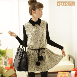  秋冬新款女装拼色翻领针织连衣裙松紧腰长袖打底裙女裙子2182