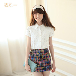  夏装新款女装韩版翻领气质棉质百搭衬衫修身短袖白衬衣13225