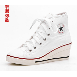  休闲限时包现货邮秒杀成熟高跟鞋纯白色女高帮韩版坡跟帆布鞋优雅