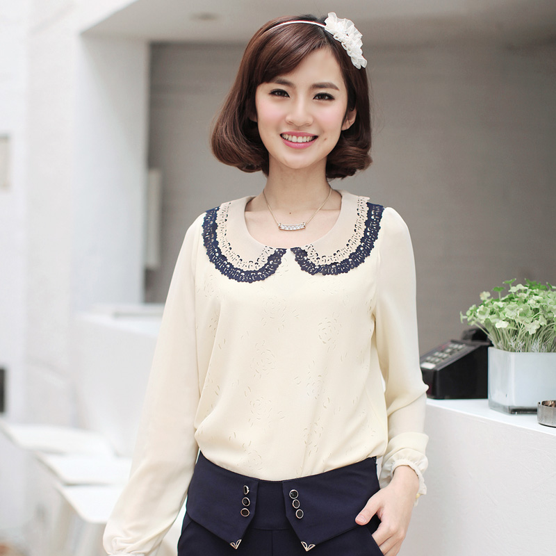 雕花镂空长袖雪纺衫...