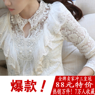  春装韩版时尚修身蕾丝衫长袖衬衫女娃娃领打底衫秋冬雪纺衬衣
