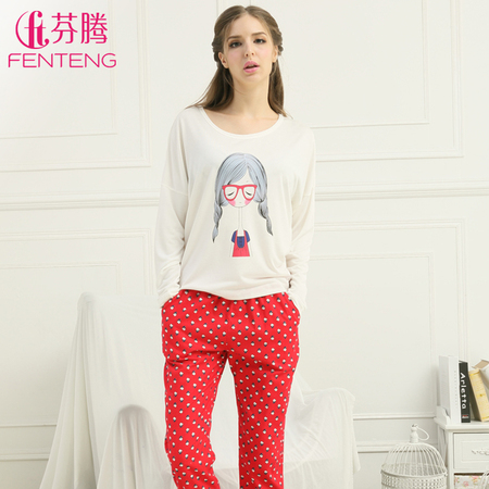 <em>芬腾睡衣</em>2014新款<em>女人长袖</em>可爱卡通针织<em>纯棉</em>