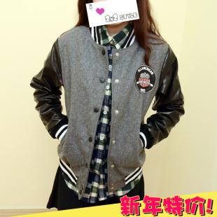  棒球服情侣韩国版潮加厚夹棉呢子外套开衫皮衣 立领男女拼皮卫衣