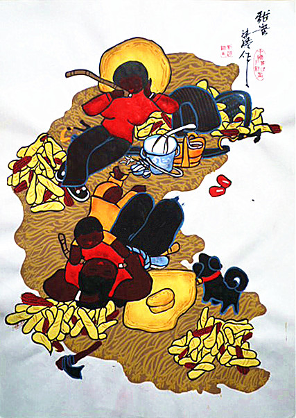 甜蜜52x38cm手工画玉米地休息夫妻恩爱小孩天伦之乐刘沣涛农民画