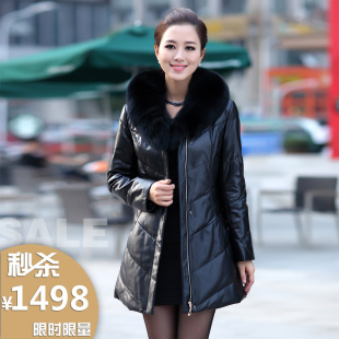  冬新新品狐狸毛领 海宁真皮羽绒服 女中长修身绵羊皮羽绒皮衣