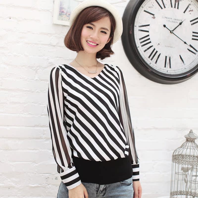 显瘦条纹雪纺衫...