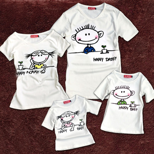  幸福的一家亲子装母女t恤父子手绘家庭装亲子服V领大码买二赠一