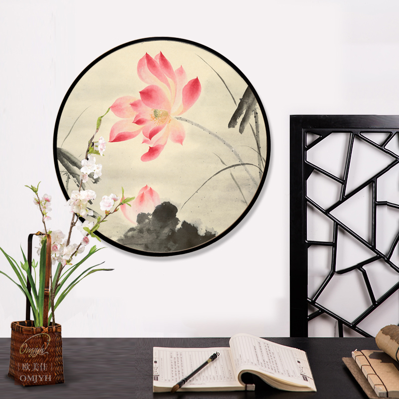 现代中式简约金属框圆形国画 客厅玄关装饰画花鸟画荷画禅意挂画|ruв категории Домашний быт, декоративная живопись, современные декоративные картины - от Buy2taobao.com для оказания профессиональной услуги покупки агента Taobao