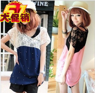  春夏新款女装全手工韩版串珠两件套蕾丝拼接雪纺衫T恤 短袖