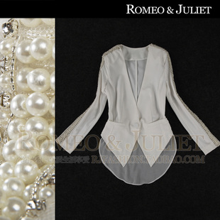 【罗密欧与朱丽叶】欧洲站秋装女装新款珍珠镶钻修身两穿西装外套